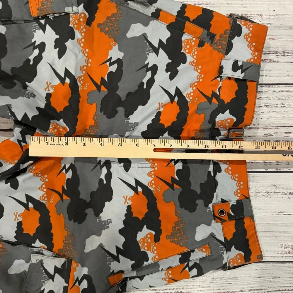 Burton Boys XL Insulated Snowboard Pants Orange Gray Camo Skull Lightning EUC
